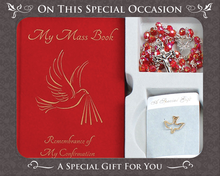 Confirmation Gift Set - Prayer Book (Red), Rosary & Pin