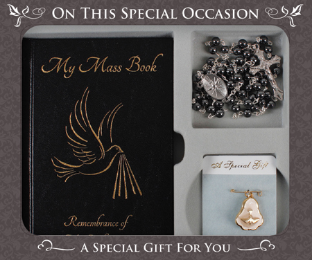 Confirmation Gift Set - Prayer Book (Black), Rosary & Brooch