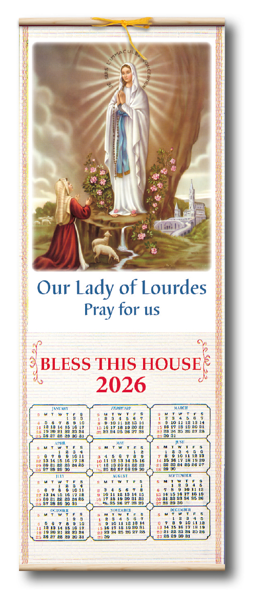 Our Lady of Lourdes Wood Scroll Calendar 2026